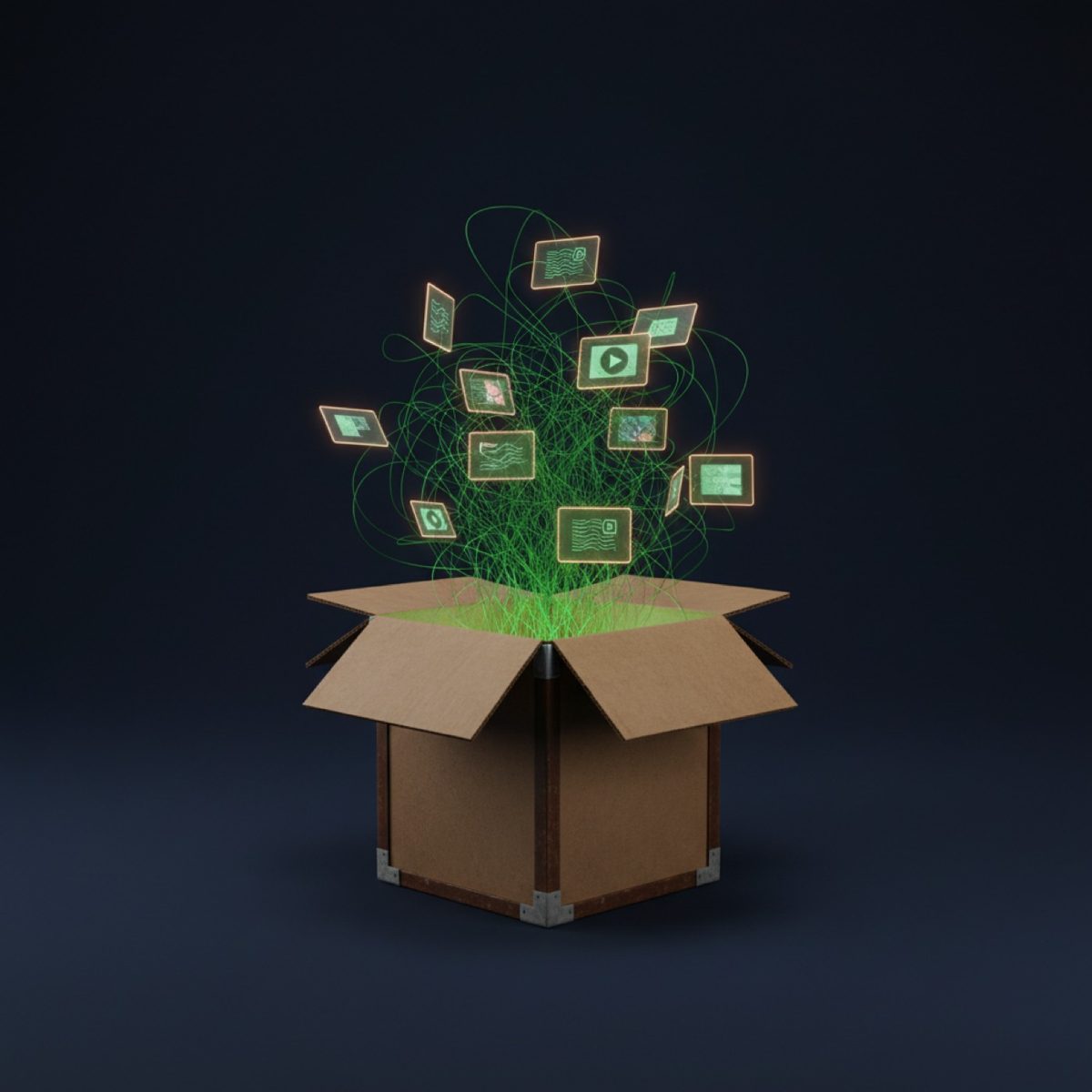 An archive box opening and releasing green threads that become floating document and video cards