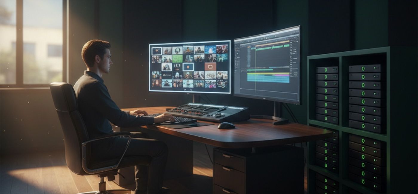 An editor with a wall of video thumbnails